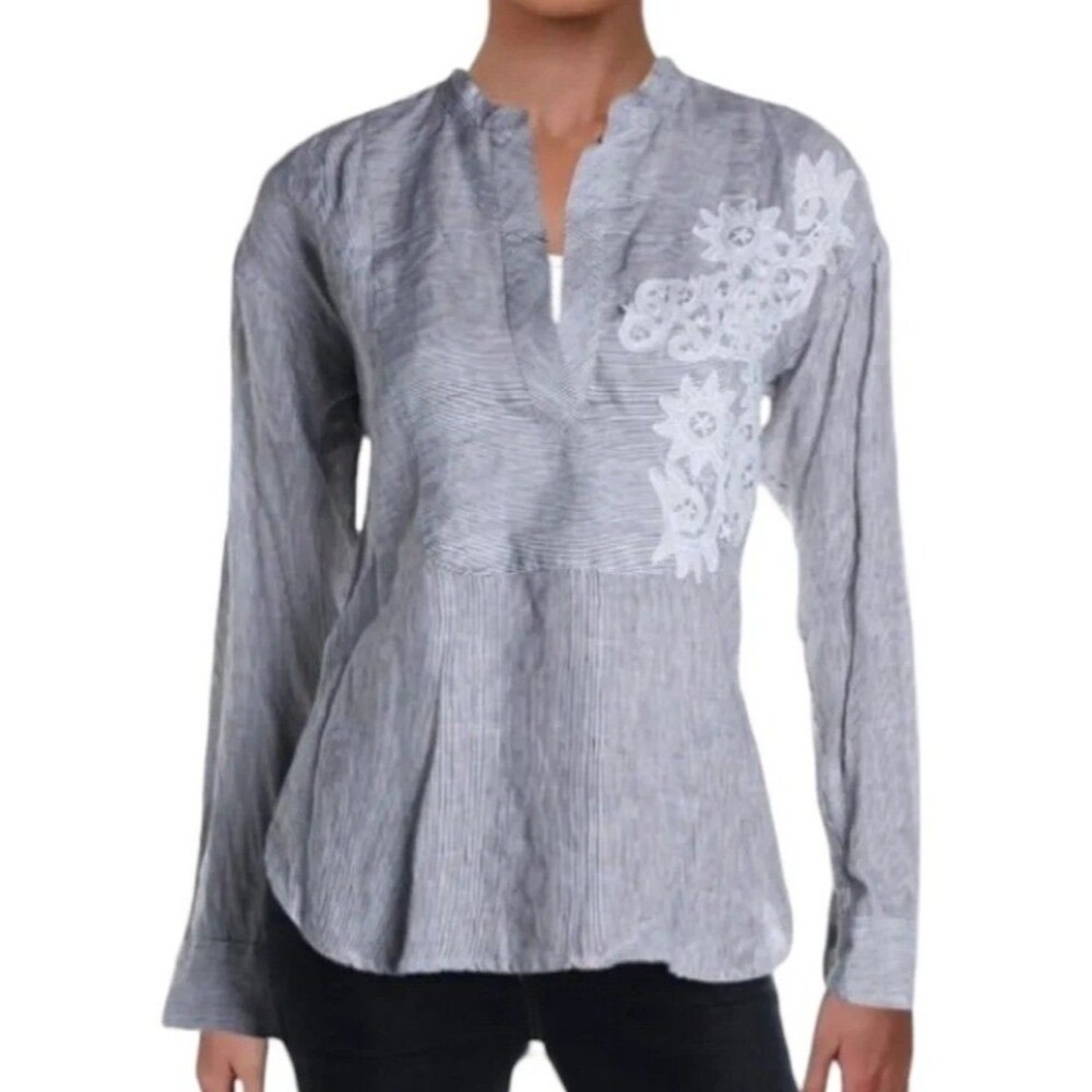 Lauren Ralph Lauren Tunic Womens 2X Blue Striped 100% Linen Lace Appliqué Top